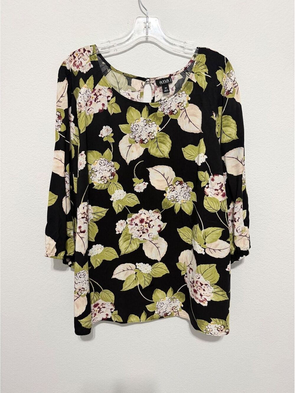 A.N.A. 3/4 Sleeve Scoop Neck Floral Print Black Blouse Women's Size 2X